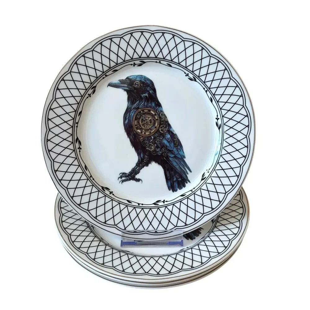 Grace Teaware RAVEN TRELLIS Ceramic Halloween Plates 8in Ceramic Set of 4 NEW